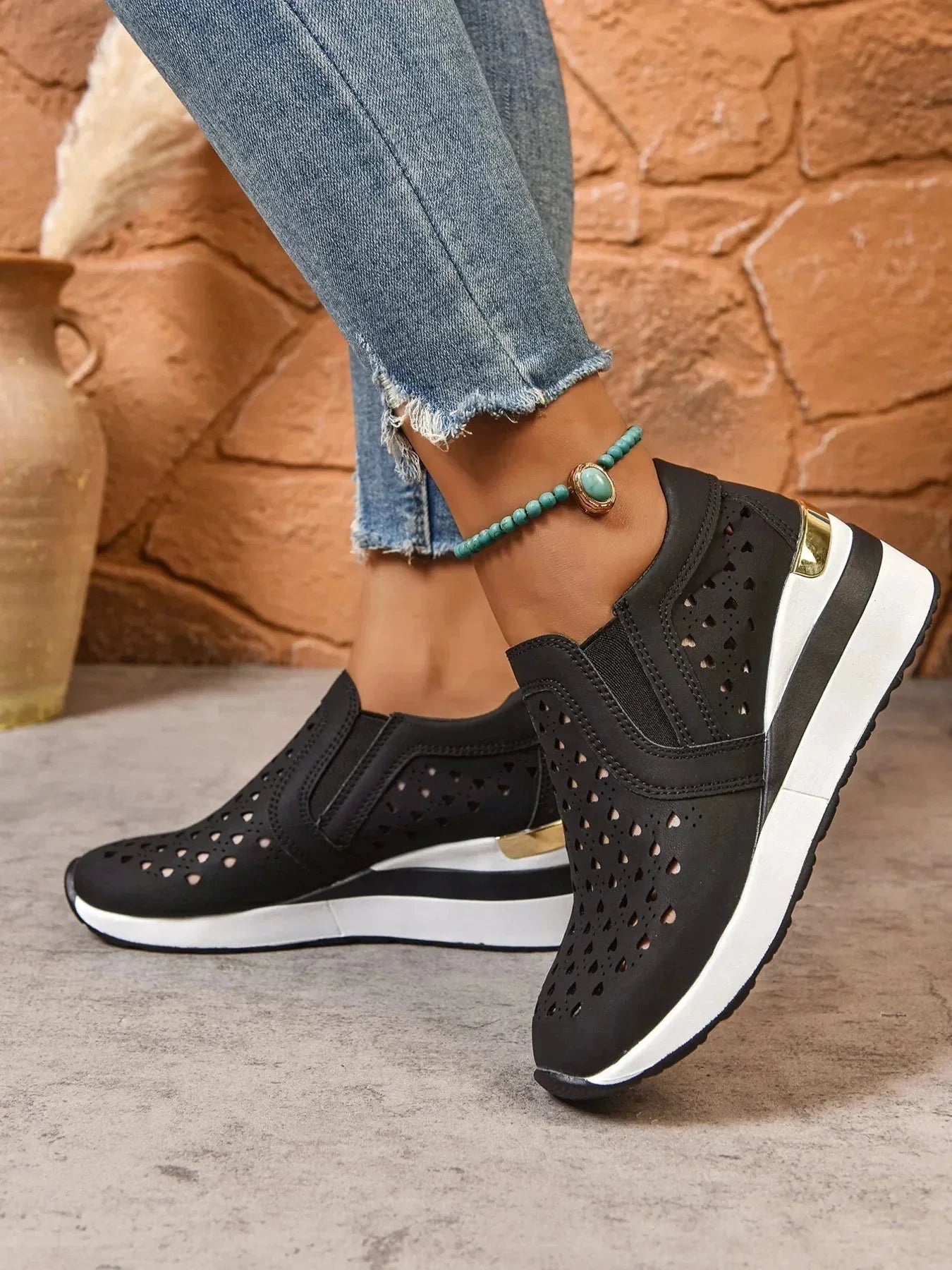Breathable Cutout Wedge Sneakers - VILLA FASHION